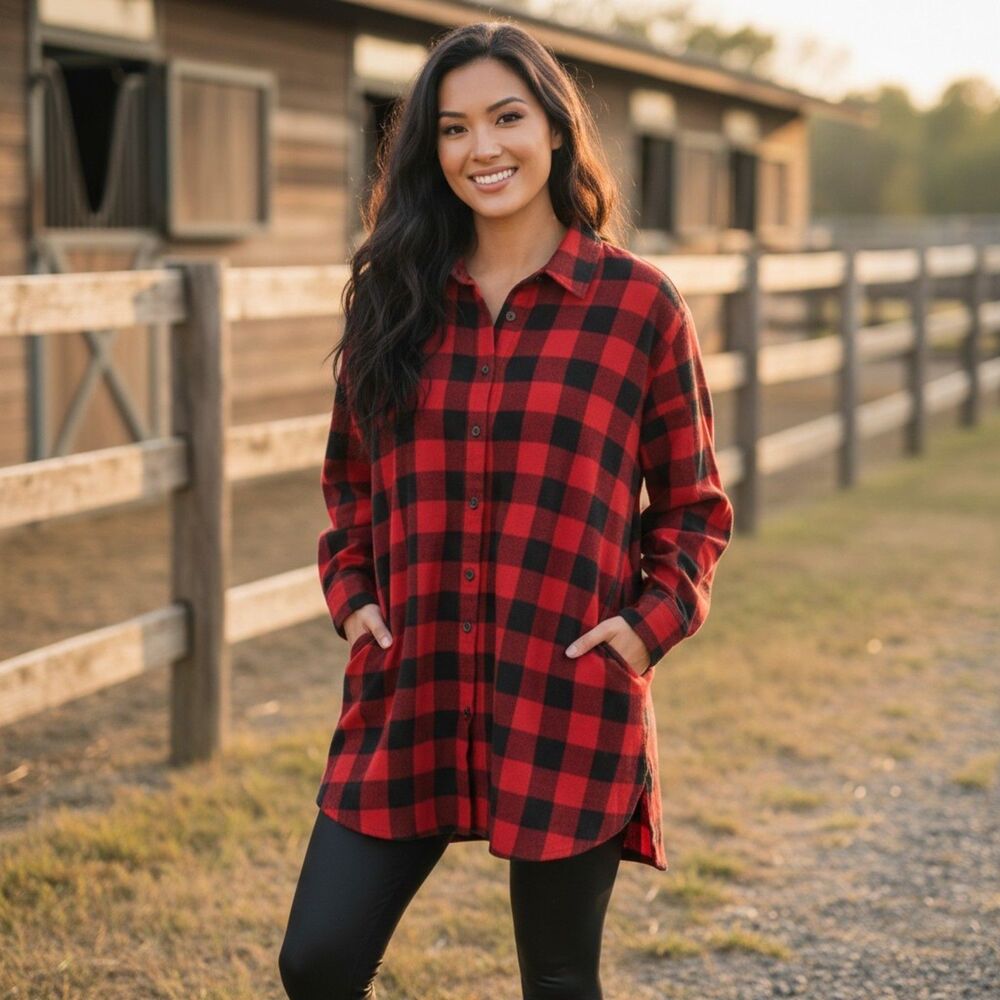 Chadwicks Red Buffalo Plaid Flannel Tunic Shirt Petite Large PL Pockets